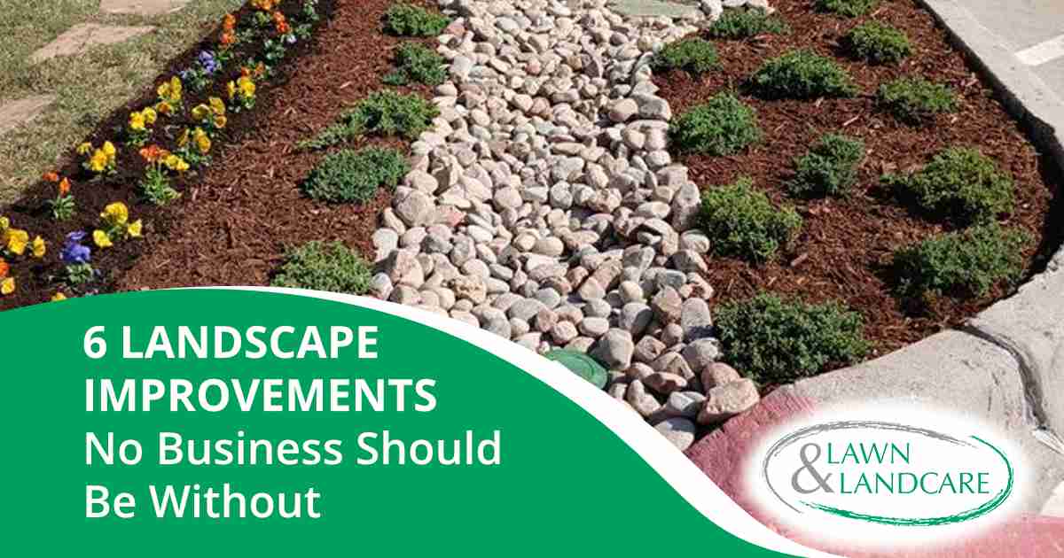 Landscaper working on a commercial property, featuring Lawn & Landcare, illustrating 6 essential landscape improvements every business should have.