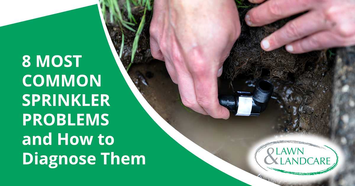 Sprinkler system watering a green lawn, featuring Lawn & Landcare and highlighting the 8 most common sprinkler problems and how to diagnose them.