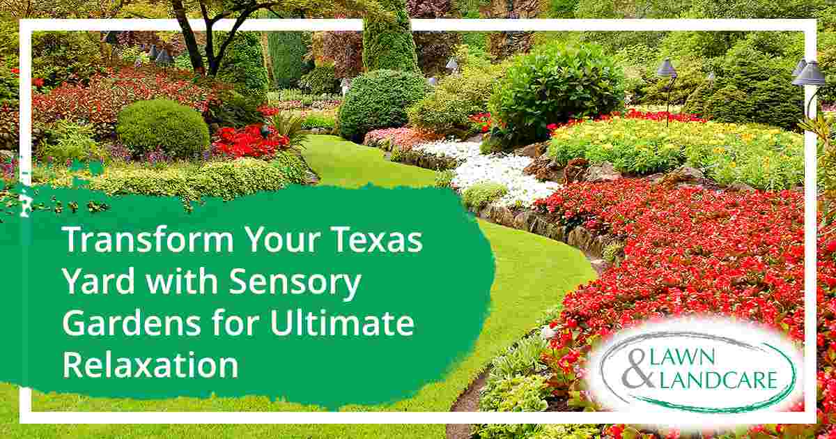 Colorful garden with curved lawn, flowering plants, shrubs, trees, and garden lighting.