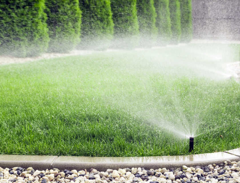 Sprinkler heads watering green grass along a landscaped lawn edge.